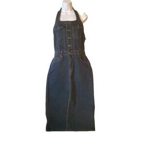 Universal Thread Sz 6 Black Wash Buttons Denim Halter Front Split Midi Sundress